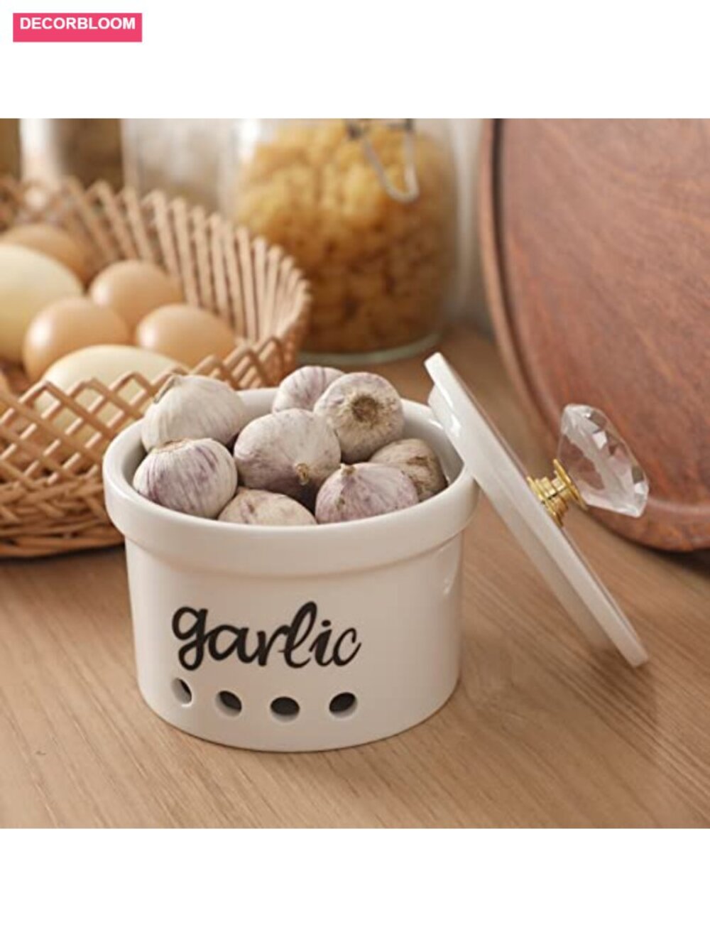 Ceramic Garlic Keeper with Crystal Lid, 12.5 oz, Farmhouse Kitchen Decor - Picture 5 of 6